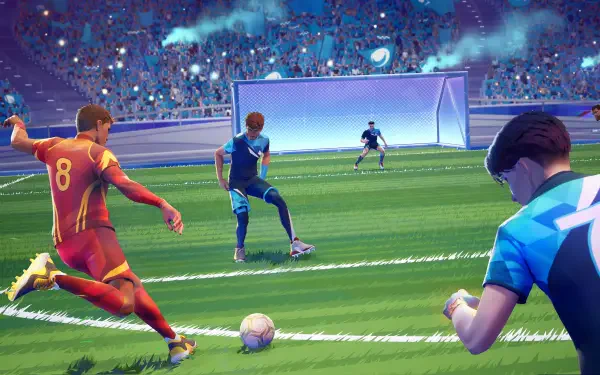 4K Ultra HD PC desktop wallpaper featuring a vibrant video game scene from REMATCH, showcasing intense soccer action in a packed stadium under bright lights.