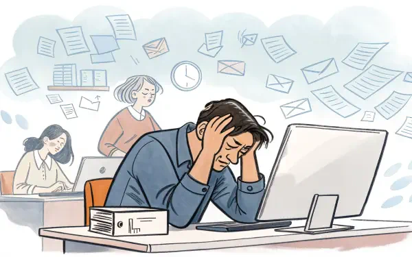 4K Ultra HD desktop wallpaper depicting workplace stress with a man overwhelmed by tasks, surrounded by floating documents and coworkers in a busy office setting.