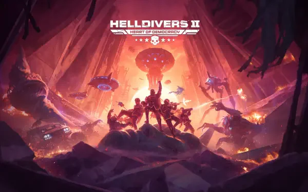 4K Ultra HD gaming art wallpaper from Helldivers 2, depicting a dramatic battle scene with armed characters and futuristic aircraft in a fiery, cavernous environment.