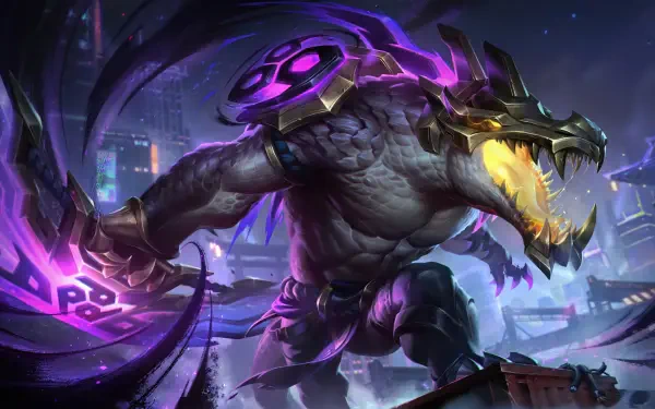 8K Ultra HD wallpaper featuring Renekton, the fierce crocodile-like gaming character from League of Legends, in a dynamic night cityscape battle scene.