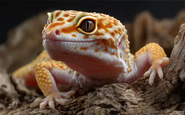 Close-up of a leopard gecko perched on a textured surface, captured in stunning 4K Ultra HD, showcasing the reptile's detailed skin and vibrant colors.