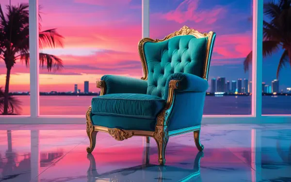Antique teal upholstered armchair with ornate wooden frame set against a vibrant sunset cityscape, captured in 4K Ultra HD for PC desktop wallpaper and background.
