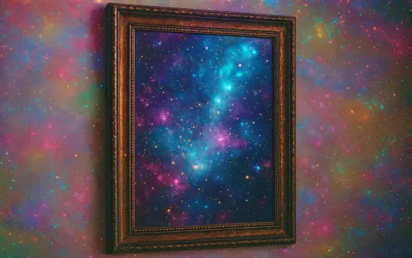4K Ultra HD PC desktop wallpaper featuring a wooden-framed mirror reflecting a vibrant galaxy of stars and nebulae against a colorful cosmic background.