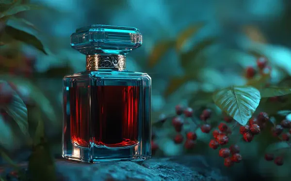 HD desktop wallpaper featuring a man-made perfume bottle with deep red liquid, set against a blurred natural background with berries and green foliage.
