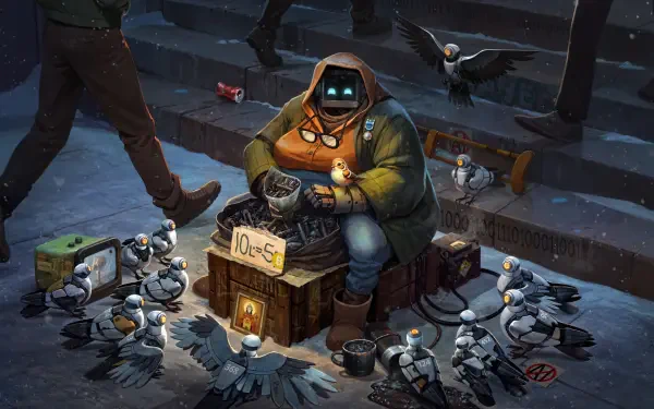 Cyberpunk HD desktop wallpaper featuring a robotic figure in a hoodie feeding a flock of artistic, futuristic pigeons on urban steps at night.