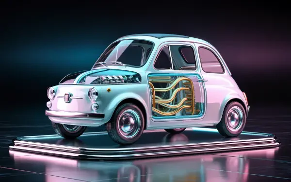 4K Ultra HD PC desktop wallpaper featuring a stylized Fiat car with a transparent section revealing intricate electric wiring inside.