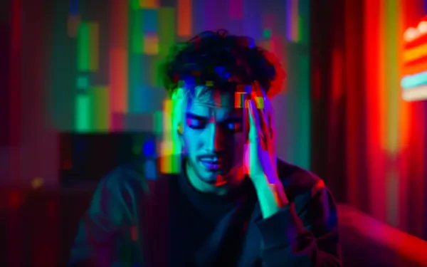 A man holding his head in pain amid colorful, blurred lights, representing a headache in a vivid 4K Ultra HD PC desktop wallpaper and background.