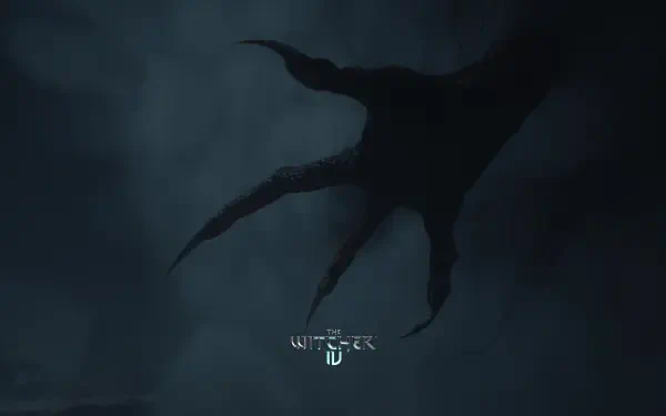 Dark, ominous claw set against a misty blue background with The Witcher IV logo, rendered in 4K Ultra HD for PC desktop wallpaper.