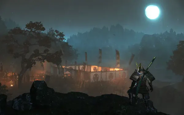 4K Ultra HD PC wallpaper featuring a misty, moonlit scene from the video game Nioh 3 with a lone warrior overlooking a glowing village at night.