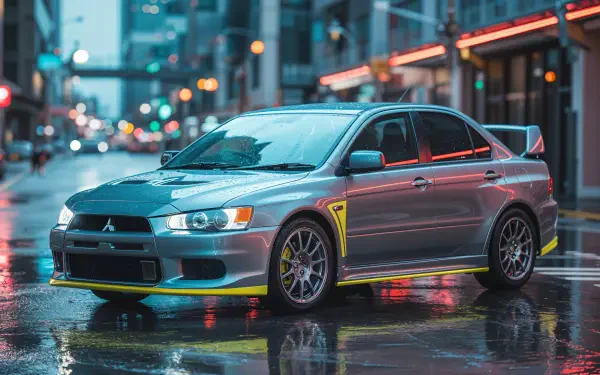 A sleek Mitsubishi sedan parked on a wet city street at night, captured in stunning 4K Ultra HD for a vibrant PC desktop wallpaper background.