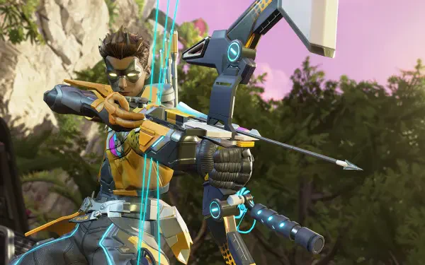 4K Ultra HD desktop wallpaper of Sparrow from Apex Legends, depicted as an archer aiming a high-tech bow in a vibrant outdoor setting.