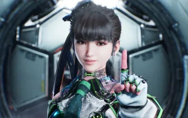 4K Ultra HD PC wallpaper showcasing a character from the video game Stellar Blade, featuring detailed futuristic armor and a confident pose inside a sci-fi environment.