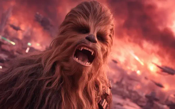 HD Star Wars desktop wallpaper featuring Chewbacca roaring fiercely amidst a fiery battle background.