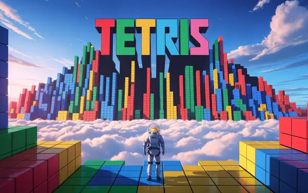 4K Ultra HD PC desktop wallpaper featuring an astronaut standing on colorful Tetris blocks above clouds, facing a massive, vibrant TETRIS logo built from stacked blocks.