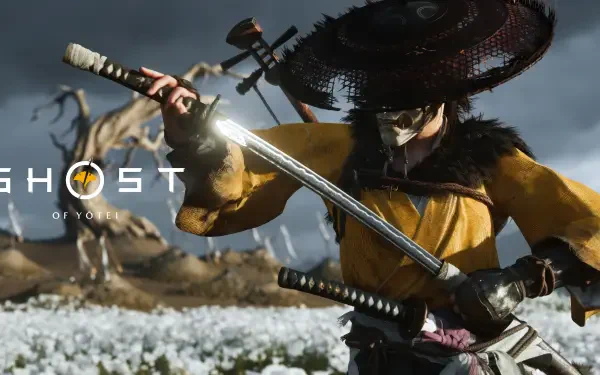 Atsu from the video game Ghost of Yōtei wields a katana amid a snowy battlefield in this 4K Ultra HD PC wallpaper.