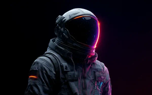 Sci-fi astronaut in a detailed space suit illuminated by neon pink and orange lights, set against a dark background, captured in 4K Ultra HD for a PC desktop wallpaper.