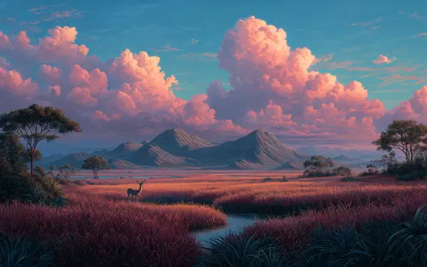 4K Ultra HD PC desktop wallpaper featuring a serene savanna landscape at sunset with distant mountains, pink clouds, and scattered acacia trees.