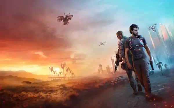 4K Ultra HD gaming art from MindsEye featuring armed characters facing a futuristic battlefield with drones and towering structures under a dramatic sky.
