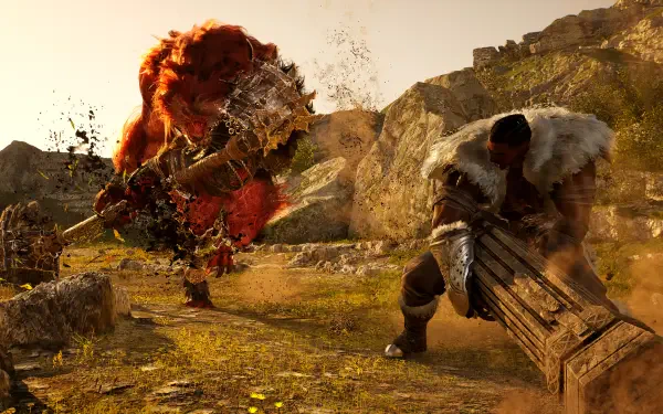 HD PC desktop wallpaper from the video game Vindictus: Defying Fate, depicting a fierce battle scene between a warrior and a large fiery creature in a rocky outdoor setting.