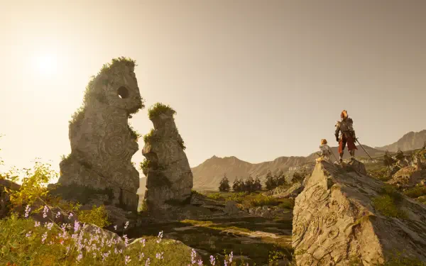 HD PC desktop wallpaper from the video game Vindictus: Defying Fate featuring a character standing on rocky terrain with large stone formations and a glowing sun.