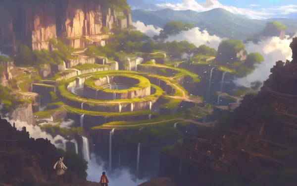 Anime-style HD desktop wallpaper featuring a vast, spiraling labyrinth set within a dramatic mountainous landscape under a cloudy sky.