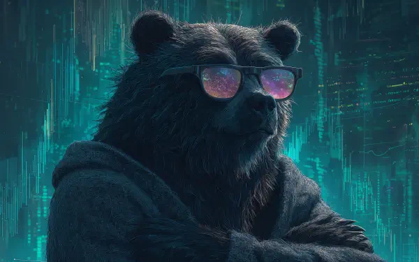 4K Ultra HD PC desktop wallpaper featuring a cool bear wearing reflective sunglasses against a futuristic, digital blue-green background.
