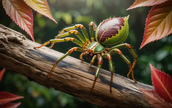 A vibrant, detailed 4K Ultra HD PC desktop wallpaper featuring a colorful spider on a branch surrounded by autumn leaves.
