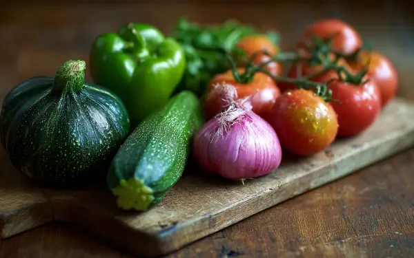 A vibrant assortment of fresh vegetables, including tomatoes, green bell pepper, onion, zucchini, and round squash, displayed on a wooden cutting board in 4K Ultra HD.