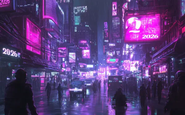 Futuristic cityscape in vibrant purple tones, illuminated by neon signs displaying 2026, captured in HD for a striking PC desktop wallpaper background.