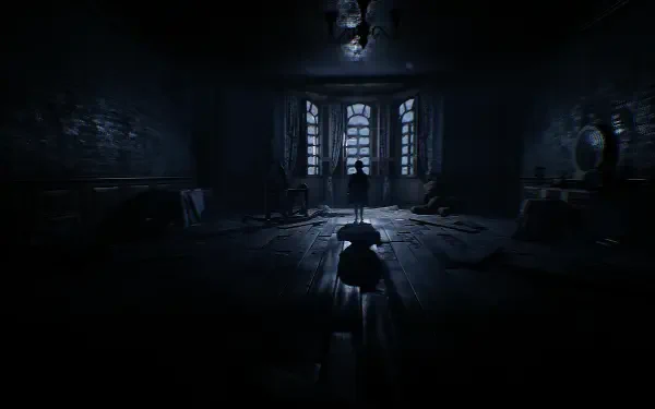 HD PC desktop wallpaper from the video game The Dark Occult, depicting a dark, eerie room with a shadowy figure standing near tall windows.