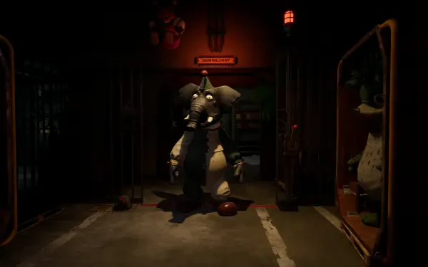 Dark, eerie hallway featuring an animatronic character from the video game Five Nights at Freddy's: Secret of the Mimic as an HD PC desktop wallpaper.