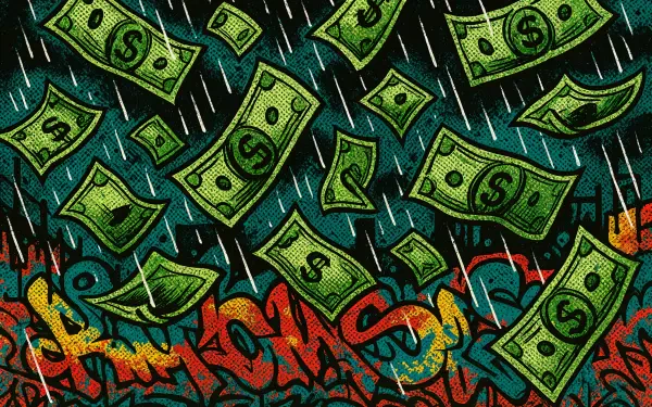 4K Ultra HD PC desktop wallpaper featuring vibrant raining money over colorful graffiti, creating a dynamic and bold background scene.