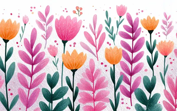 A vibrant spring pattern with pink and orange flowers and green leaves, designed as a 4K Ultra HD PC desktop wallpaper and background.