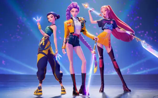 HD PC desktop wallpaper featuring three female characters from the movie KPop Demon Hunters, each wielding glowing weapons in a vibrant, futuristic setting.