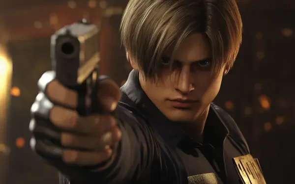HD PC desktop wallpaper featuring Leon S. Kennedy from the Resident Evil video game, aiming a handgun with intense focus.