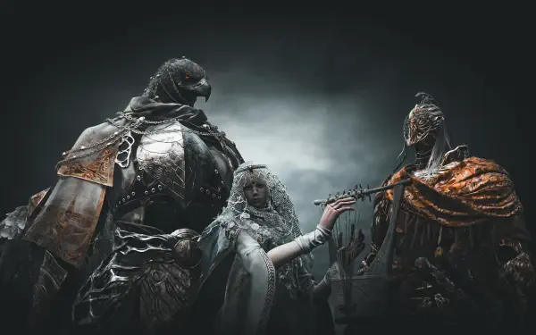 4K Ultra HD desktop wallpaper from the video game Elden Ring, featuring the Nightreign armor set and characters in dark, atmospheric lighting.