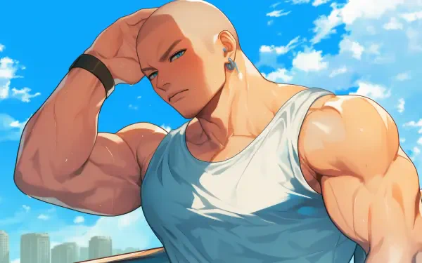 Anime-style HD desktop wallpaper featuring a bald, muscular sigma male with giga chad vibes, posing confidently against a bright blue sky backdrop.