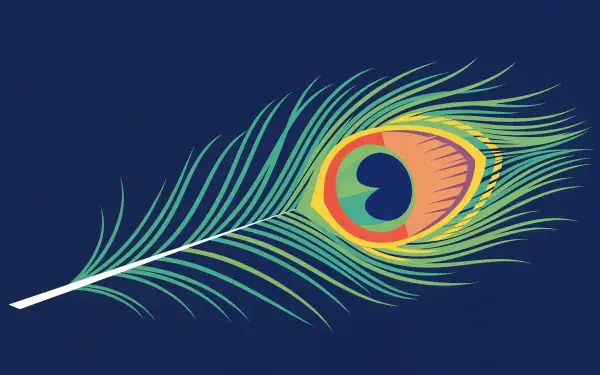 A vibrant peacock feather with intricate green, blue, and orange patterns set against a deep blue background, rendered in 4K Ultra HD for PC desktop wallpaper.