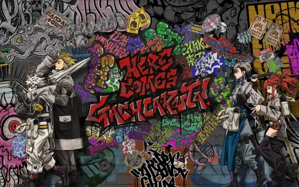 HD anime desktop wallpaper featuring characters from Gachiakuta against a vibrant graffiti-covered urban wall background.