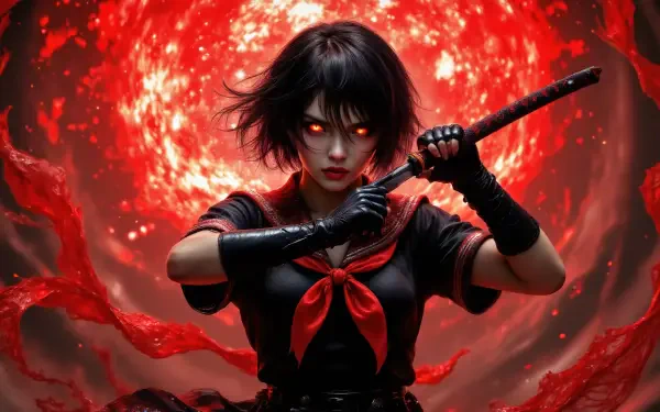anime girl katana blood moon Dark Fantasy glowing eyes HD Desktop Wallpaper | Background Image