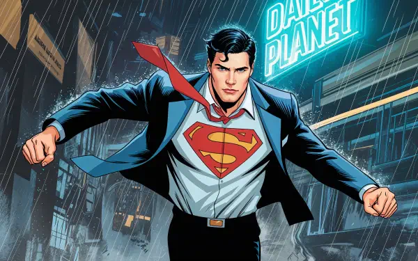 4K Ultra HD wallpaper featuring Clark Kent in mid-transformation to Superman, running through rain with the Daily Planet building illuminated in the background.