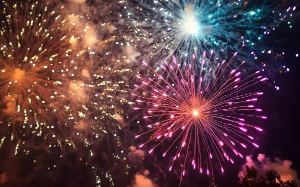 Vibrant, colorful fireworks burst in the night sky, captured in an HD PC desktop wallpaper celebrating a festive moment.