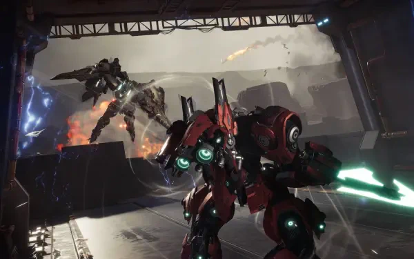 4K Ultra HD PC wallpaper featuring intense Mecha BREAK video game battle scene with detailed futuristic robots in a dark industrial environment.