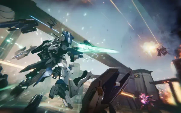 4K Ultra HD PC desktop wallpaper featuring dynamic combat scenes from the video game Mecha BREAK, showcasing futuristic mechas exchanging laser fire in a battle.