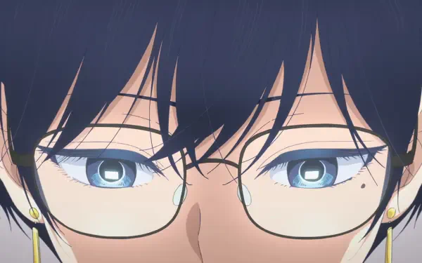 Close-up of Fuji from the anime With You and the Rain, featuring detailed anime eyes and glasses in a high-definition PC desktop wallpaper.