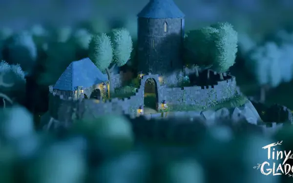 HD PC desktop wallpaper from the video game Tiny Glade depicting a detailed castle surrounded by trees under a moody, atmospheric blue-green light.