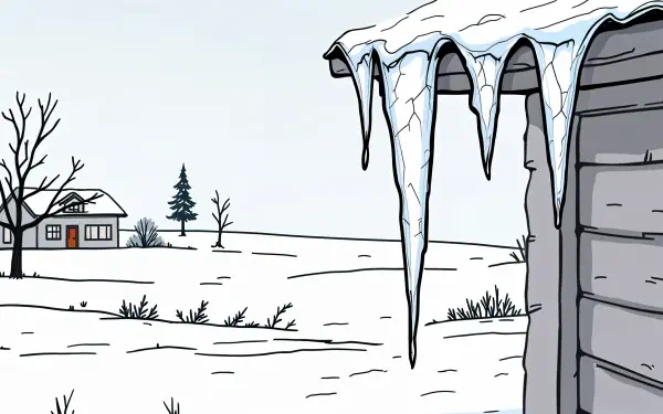 4K Ultra HD PC desktop wallpaper featuring large icicles hanging from a snowy roof with a winter landscape of snow-covered ground, trees, and a distant house.