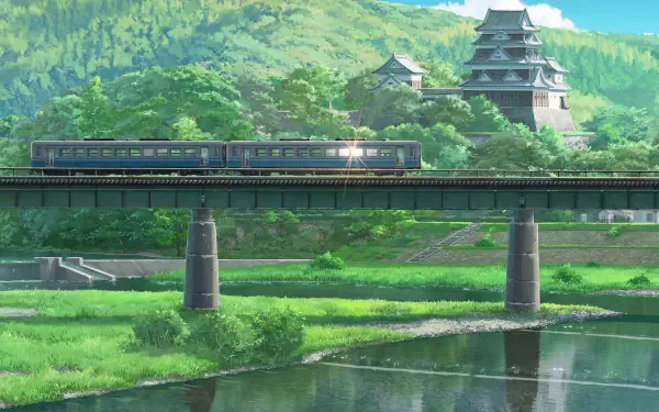 Anime landscape from Suzume no Tojimari featuring a train crossing a bridge over a river with lush greenery and a traditional castle in the background, rendered in HD.