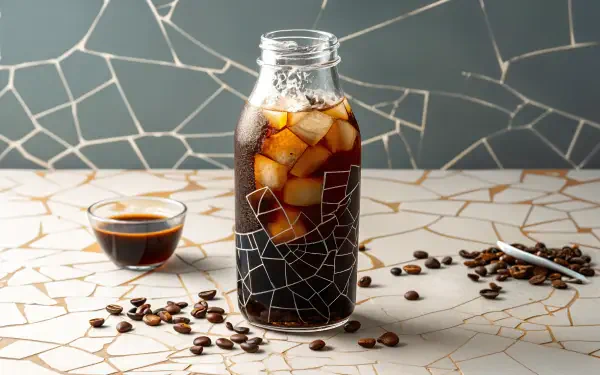 4K Ultra HD desktop wallpaper featuring a glass bottle of cold brew coffee with ice, surrounded by scattered coffee beans and a small cup of espresso on a tiled surface.