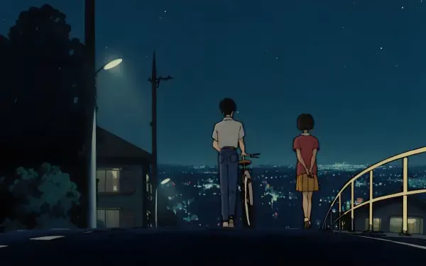 4K Ultra HD anime wallpaper featuring a nighttime scene from Whisper of the Heart, showing two characters standing by a railing overlooking a cityscape under a starry sky.